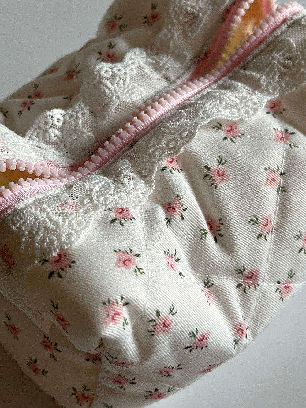 Lace-Trimmed Dreamy Garden Pink Floral Makeup Pouch
