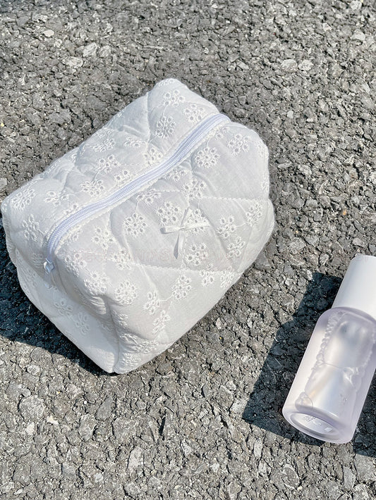 Little Fat Pure White Embroidered Makeup Bag