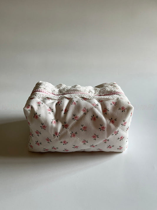 Lace-Trimmed Dreamy Garden Pink Floral Makeup Pouch