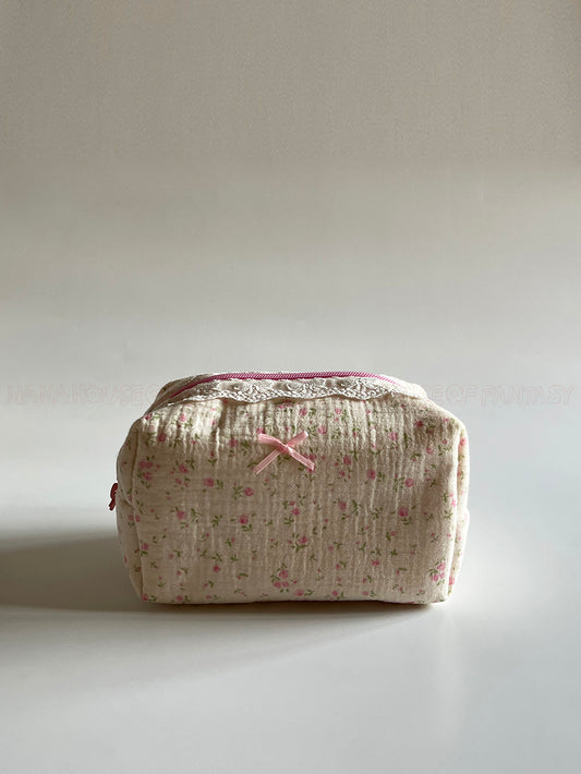 Lace-Trimmed Bowknot Little Rose Makeup Pouch