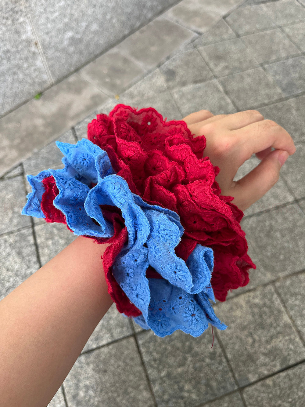 French Blue Red Daisy Embroidered